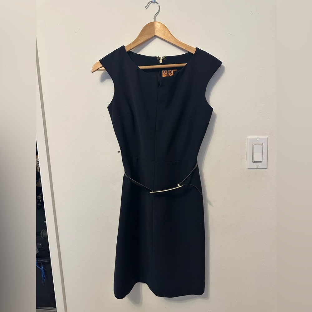 Tory Burch navy belted boatneck sheath dress